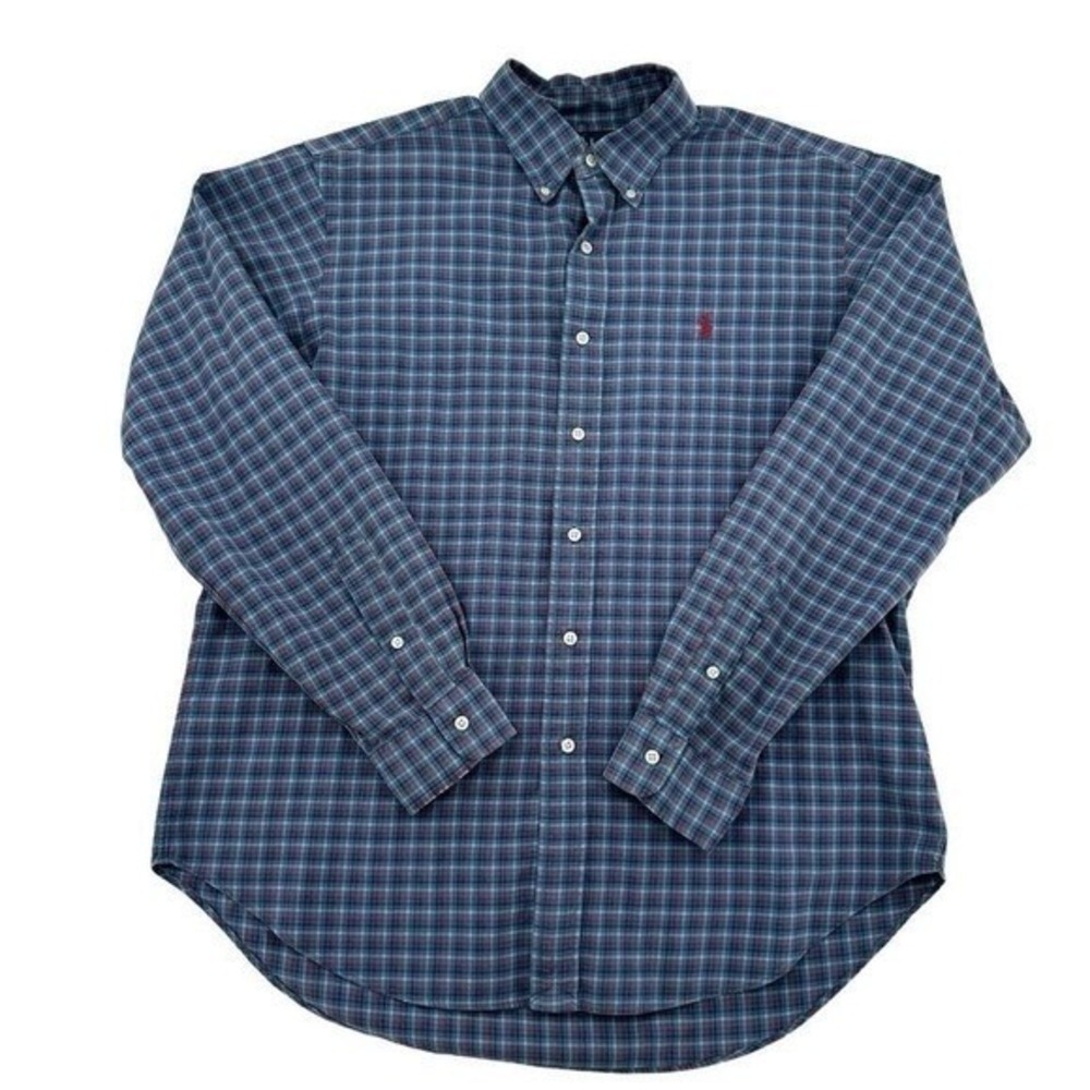 Ralph Lauren Mens Large Classic Fit Plaid Button Down Shirt Blue Red Dress Shirt